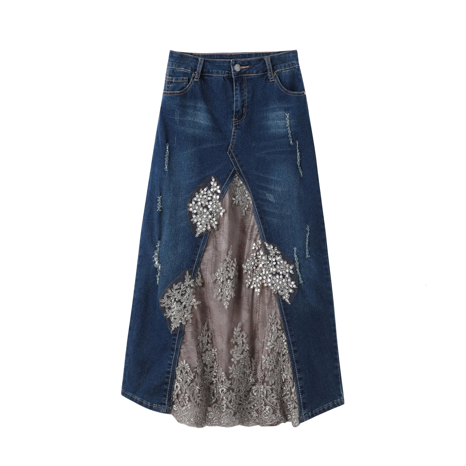 Fashion Long Maxi Denim And Lace Patchwork Jeans Skirt Women