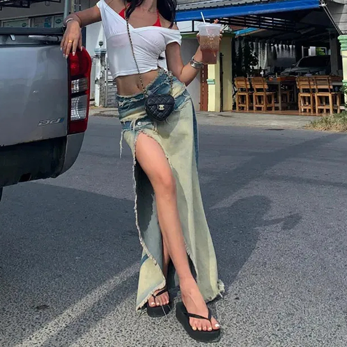 Women A-line Denim Skirt With Slit Vintage Aesthetic Jean Long Skirt
