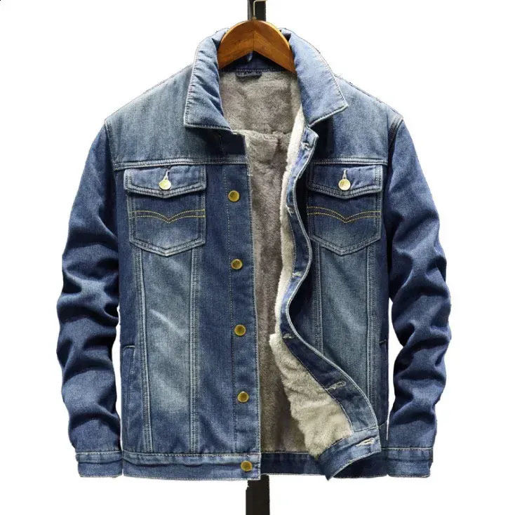 Men’s Single-Breasted Washed Denim Jacket Turn-Down Collar Loose Solid Color Pockets Thicken Spliced Coat