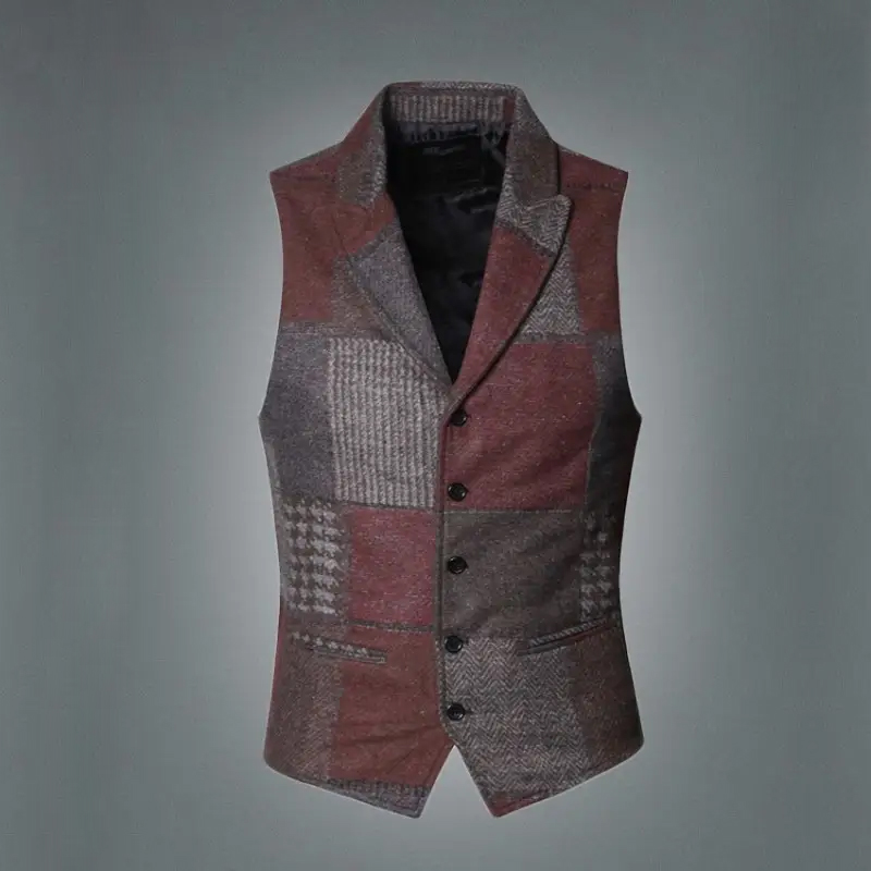 Men’s Vintage Wool Plaid Spring Business Patchwork Slim Single-Breasted Sleeveless Vest Jacket