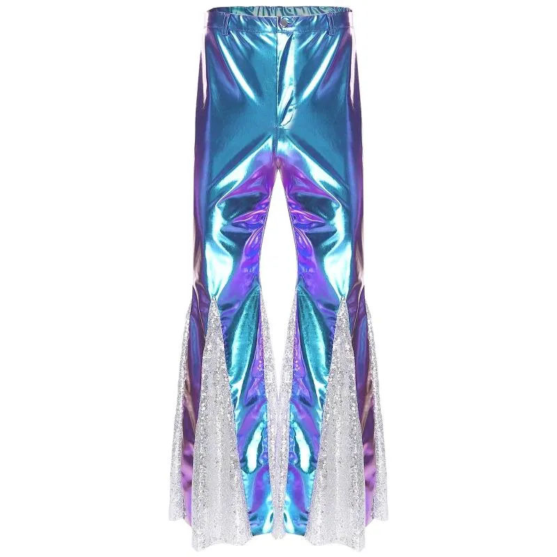 Men’s Pants Shiny Holographic Metallic PU Flared Disco Hippie Bell Bottom Club Trousers