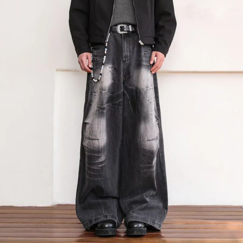 Men's Jeans Baggy Men Washed And Distressed High Waisted Man Casual Wide Leg Pants