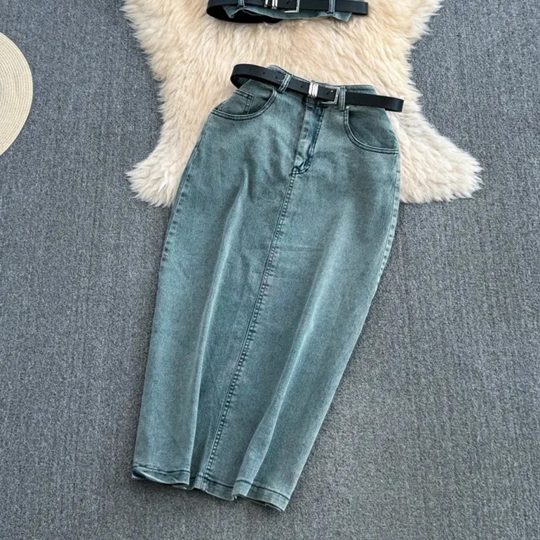 Women Denim Skirts High Waisted Slimming Split A-line Skirt