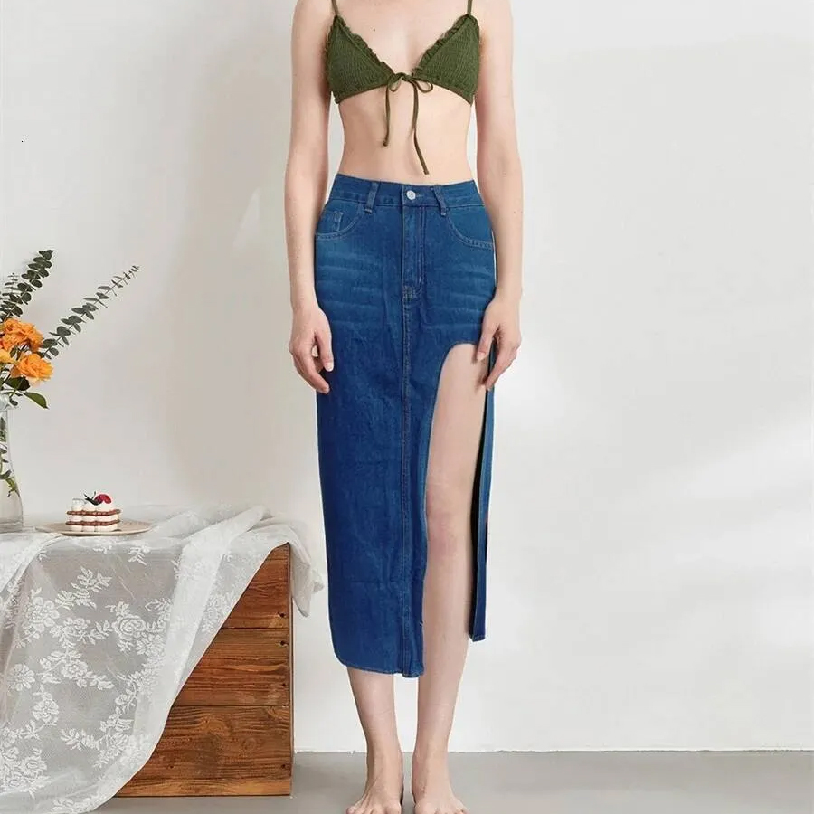 Women Distressed Denim With Frayed Hem High Waist Pencil Long Jean Skirt Casual Streetwear