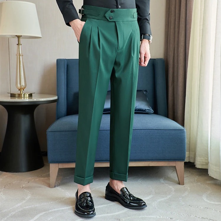 British Style High Waist Trousers Men Belt Design Slim Fit Suit Pants Office Social Wedding Party Formal Pants Hommes