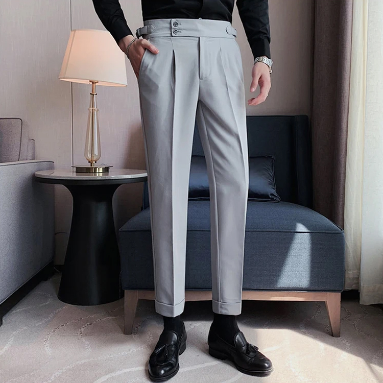 Business Casual Draped High-waist Trousers Men Solid Color Formal Pants Office Social Suit Pants