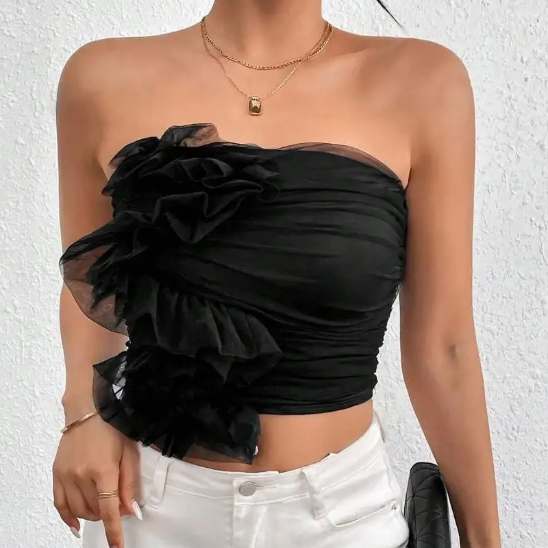Women's Summer Style Stylish Sexy Mesh Pleated Strapless Backless Top