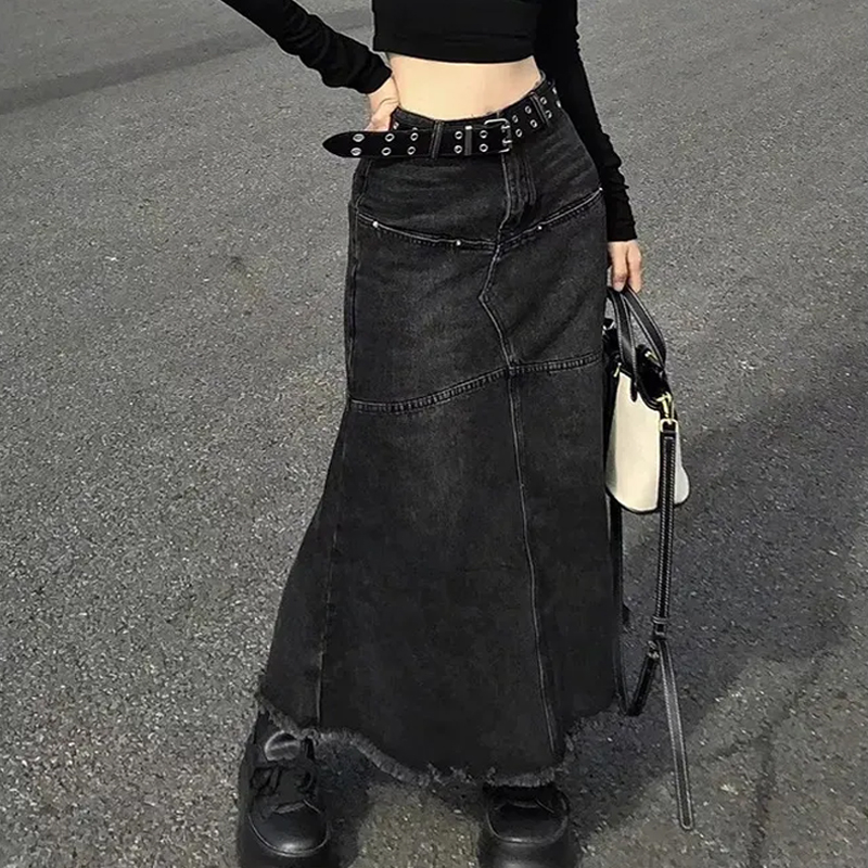 Vintage Denim Skirts Women Tassel Midi Skirt Jeans Streetwear High Waist Raw Edge Slim Casual Mermaid Skirt