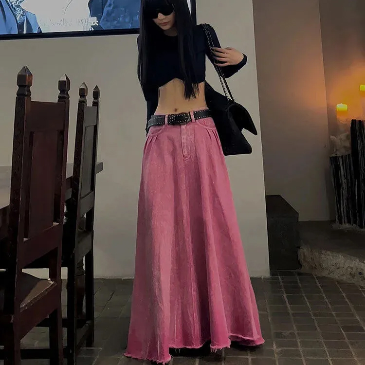 Women Pink Denim Maxi Long Pleated Skirt High Waist Tall Floor Skirt