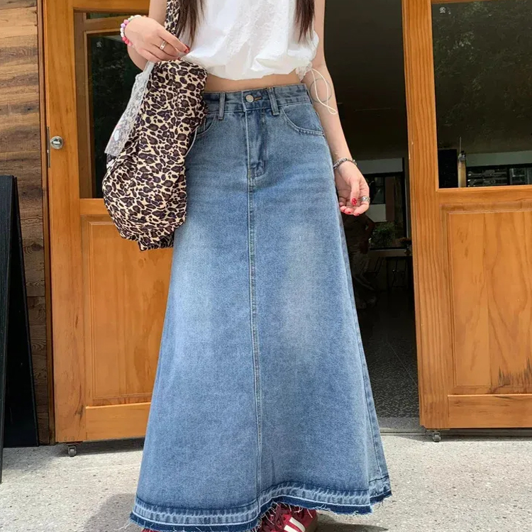 Long Denim Skirts Loose Vintage High Waist Tassel Long Jeans Skirts
