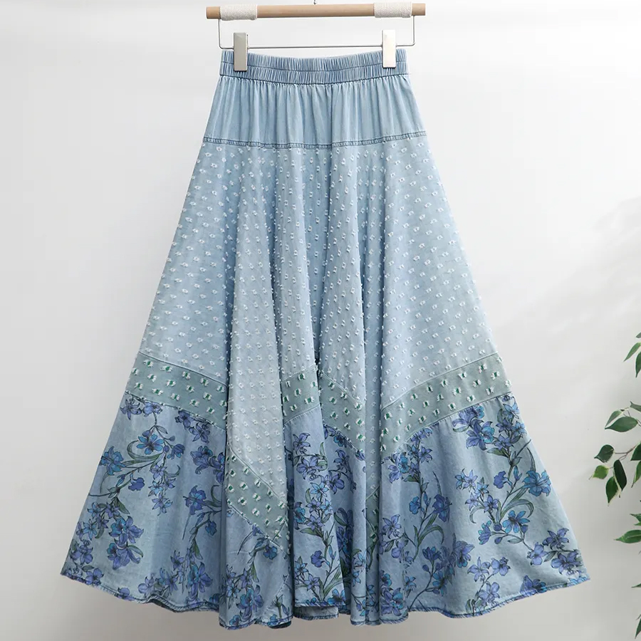 Long Maxi Women Elastic High Waist Spring Summer Denim Lady A-line Patchwork Printed Skirts