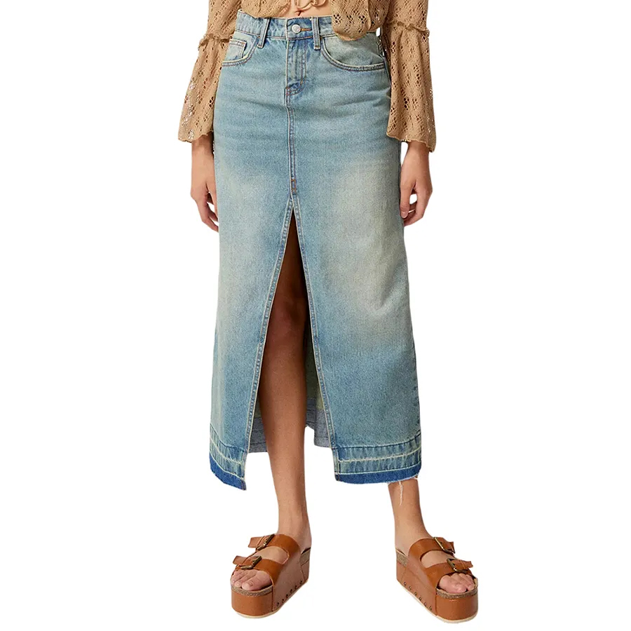 Women Denim Maxi Skirt Front High Split Hem Raw Straight Midi Jean Skirt Casual Office Pencil Long Skirt