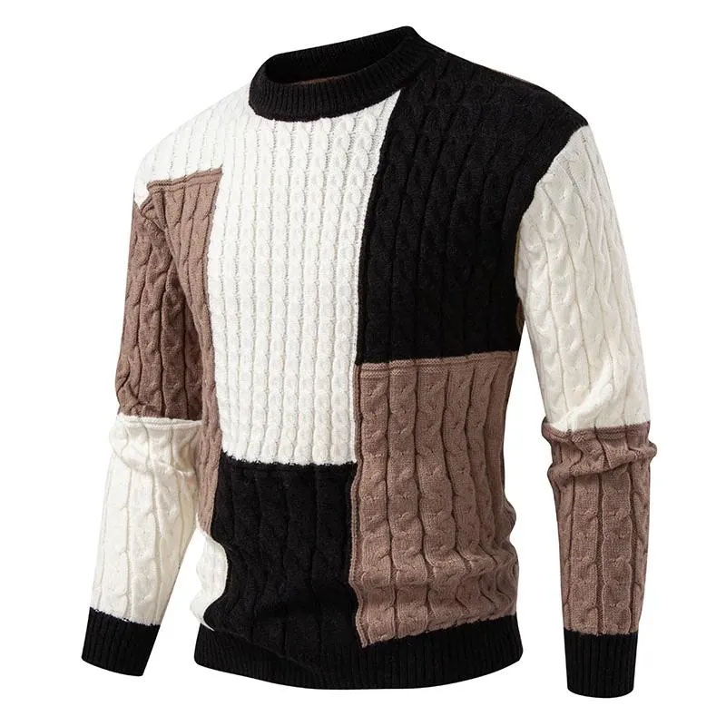 Men's Sweaters Simple Color Blocked Knitted Sweater Slim Fit Round Neck Warm Sweaters