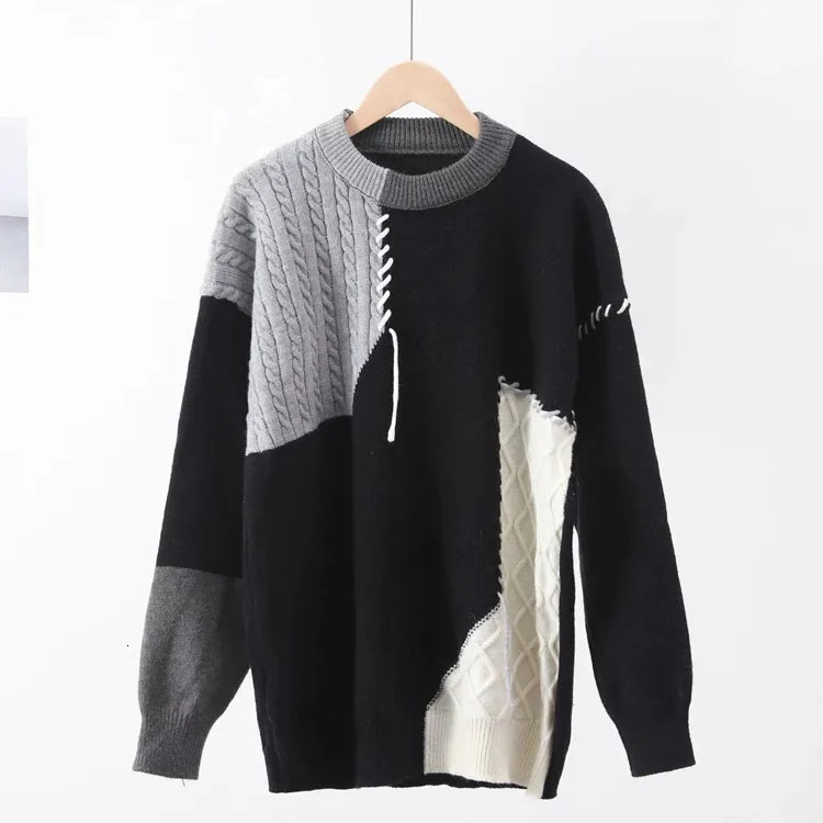 Man Panelled Contrast O-Neck Sweater Vintage Loose Long Sleeves Knitted Pullover Casual Male Sweater