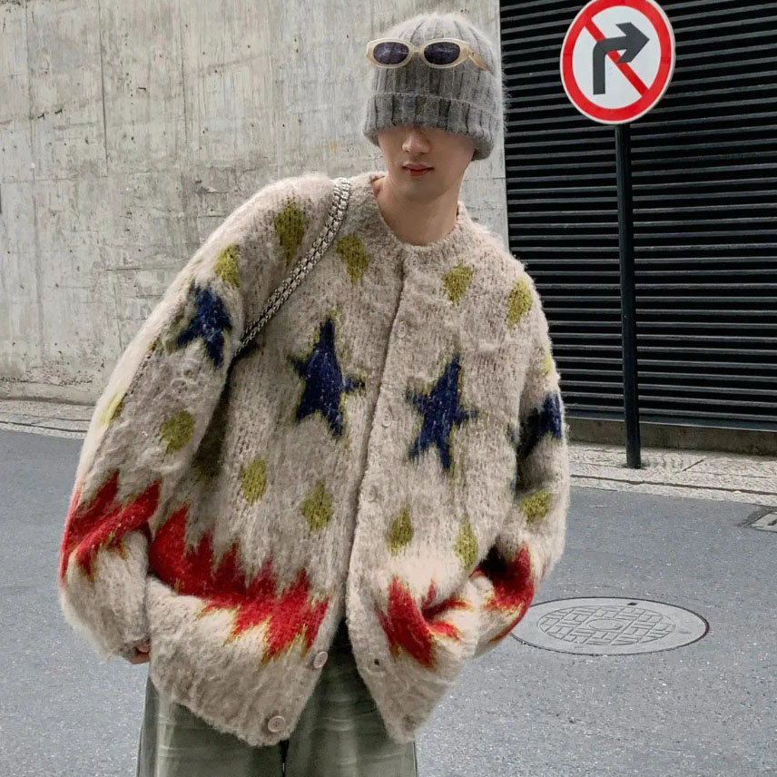 Men Sweater Jacket Loose Retro Style Diamond Grid Knitted Cardigan Sweater