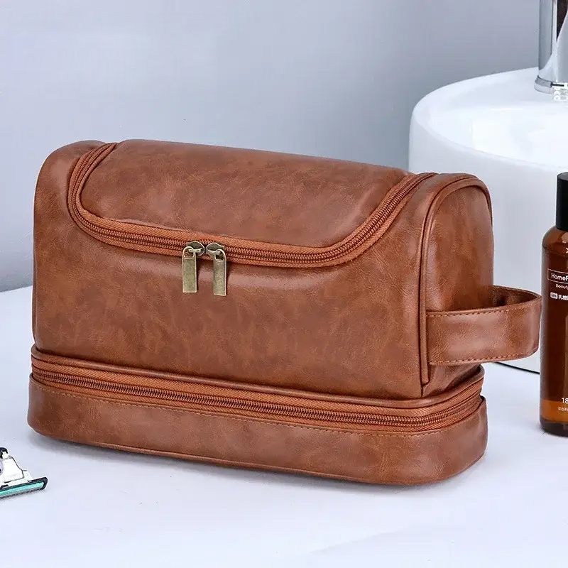 Large Hanging Toiletry Cosmetic Travel Bags for Men Women Leather Travel Bags with Hanging Hook Toiletries Bathroom Shaving Bags