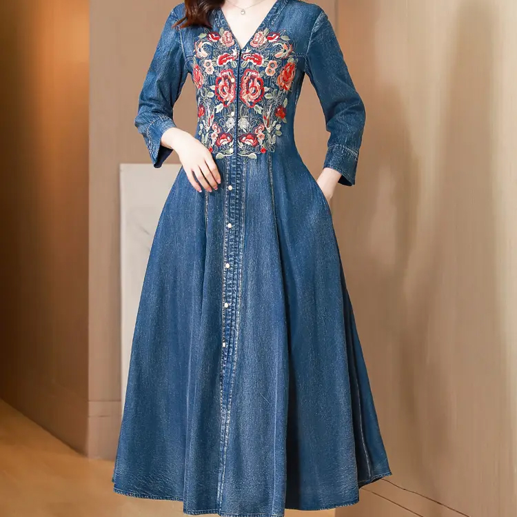 Women's Mid Calf Single Breasted Denim Dress Embroidered Dress