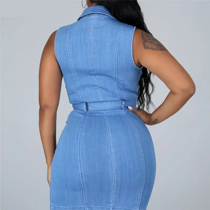 Women Turn Down Collar Sleeveless Zipper Pocket Design Slim Fit Denim Dress With Belt