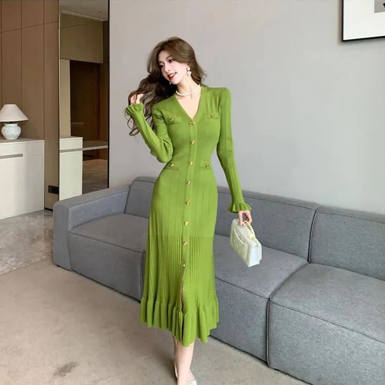 Solid Knit Women's Dress Pleated Sleeves Casual He...