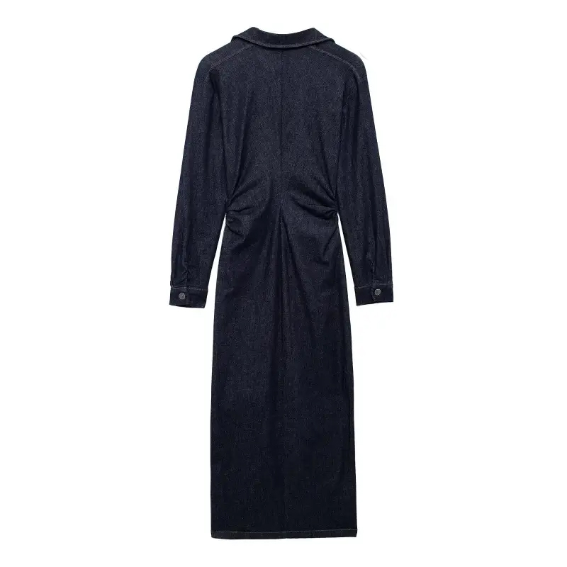 Women's Denim Maxi Dress Retro Pleated Single Breasted Dress Casual Elegant Slim Temperament Dress