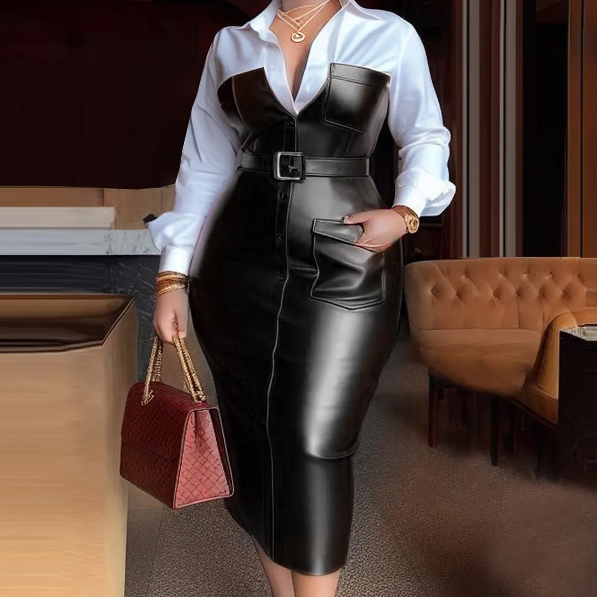 Women Shirt Collar Dresses Buttons Long Sleeve PU Leather Patchwork Pocket Skinny Belted Lapel Female Midi Dress