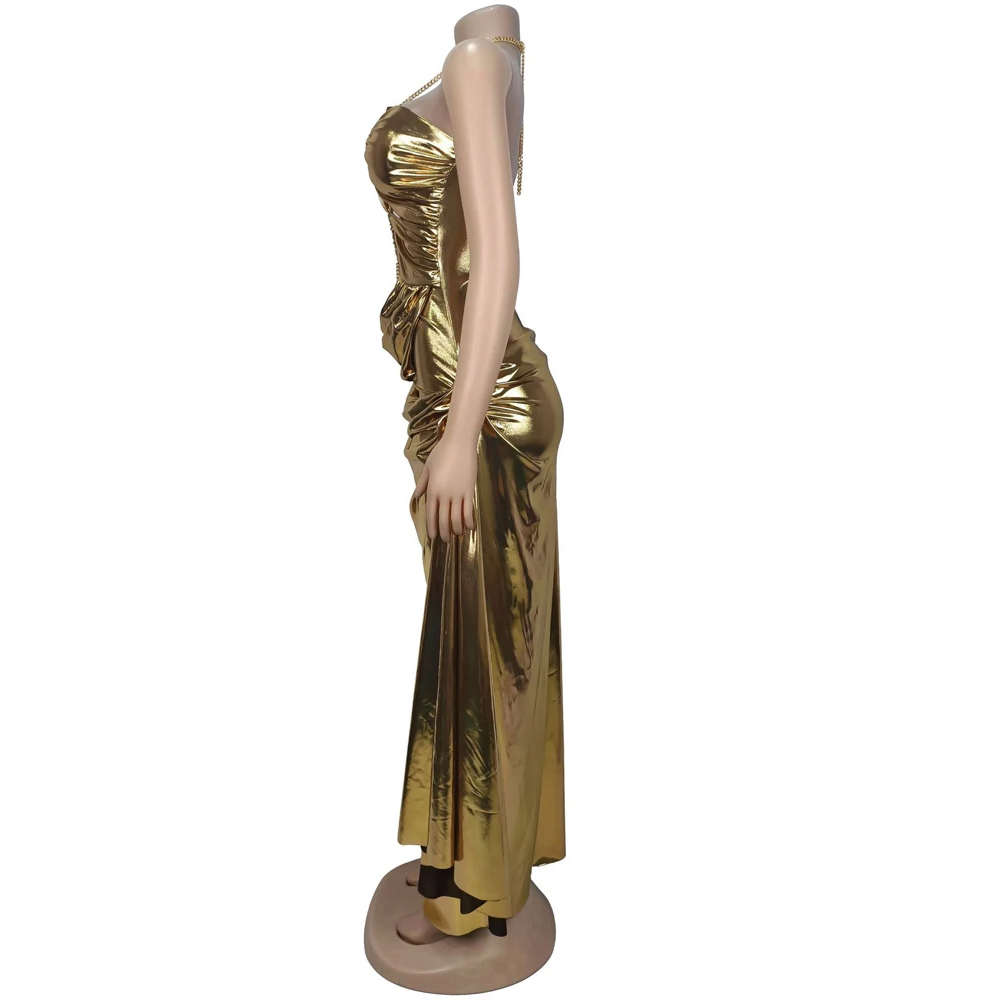 Beautiful Halter V Neck Ruched Leather Maxi Dress  Women Faux Leather Evening Dress Sexy Clubwear