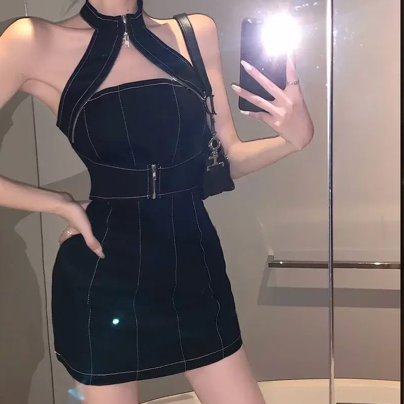 Sexy Streetwear Halter Sleeveless Denim Mini Dress Women Summer Fashion Casual Zipper Slim Fit Dress
