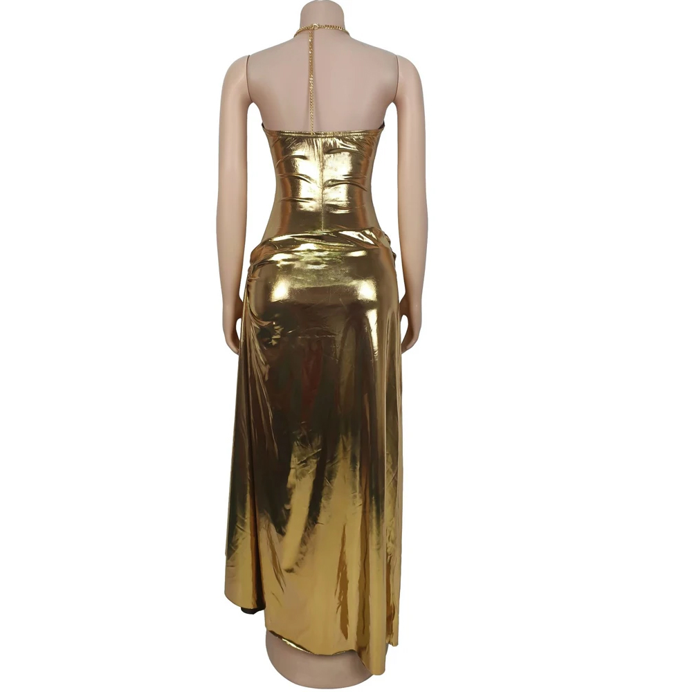 Beautiful Halter V Neck Ruched Leather Maxi Dress  Women Faux Leather Evening Dress Sexy Clubwear