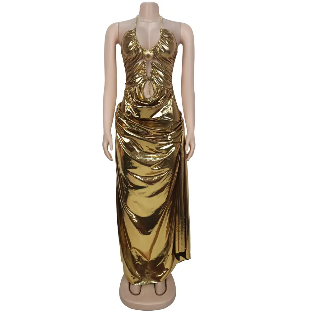 Beautiful Halter V Neck Ruched Leather Maxi Dress ...