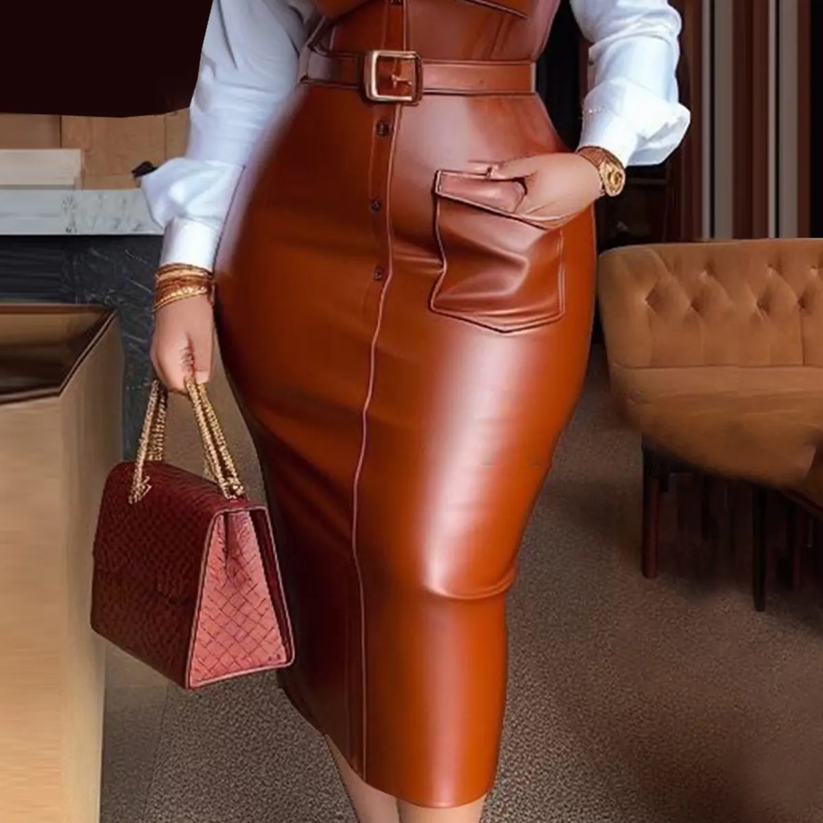 Women Shirt Collar Dresses Buttons Long Sleeve PU Leather Patchwork Pocket Skinny Belted Lapel Female Midi Dress