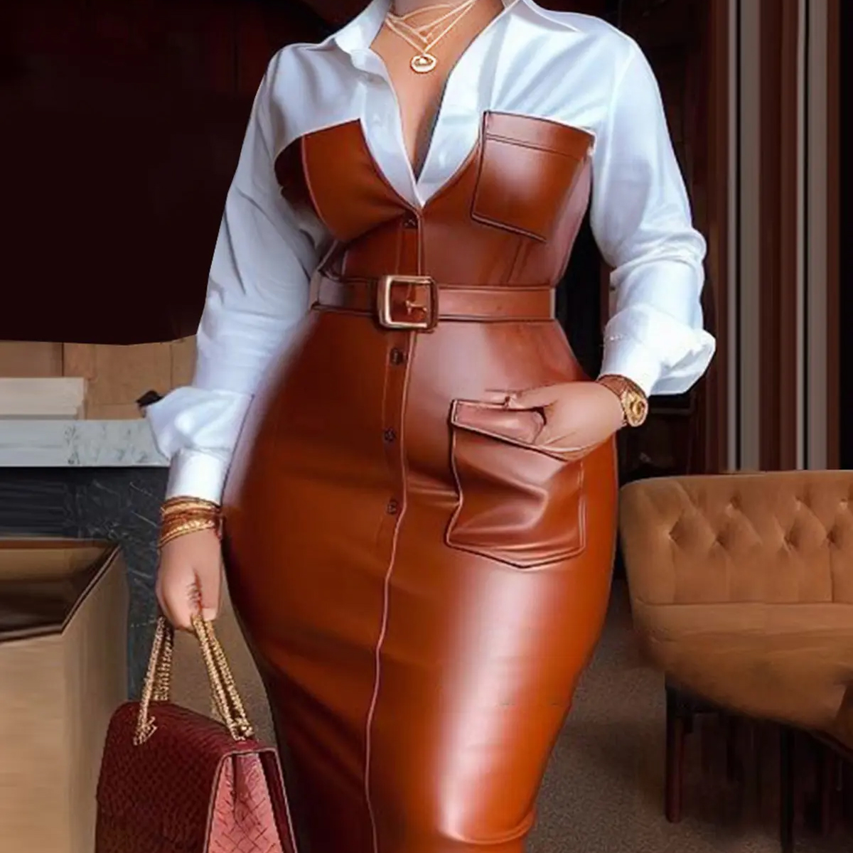 Women Shirt Collar Dresses Buttons Long Sleeve PU Leather Patchwork Pocket Skinny Belted Lapel Female Midi Dress
