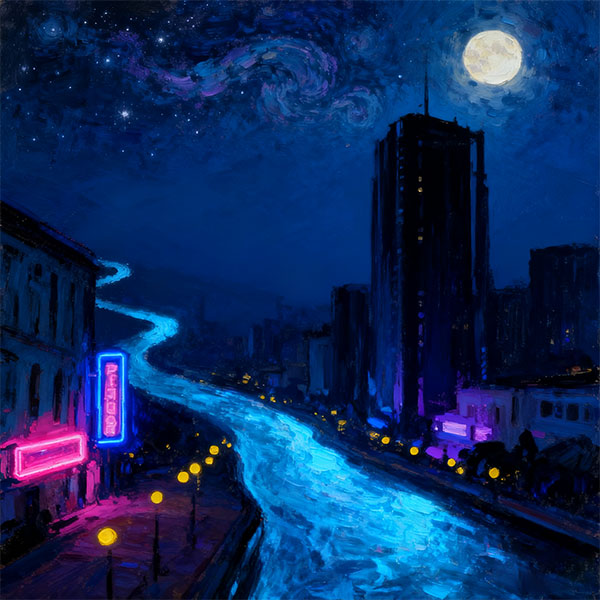 Starry Night Neon City River