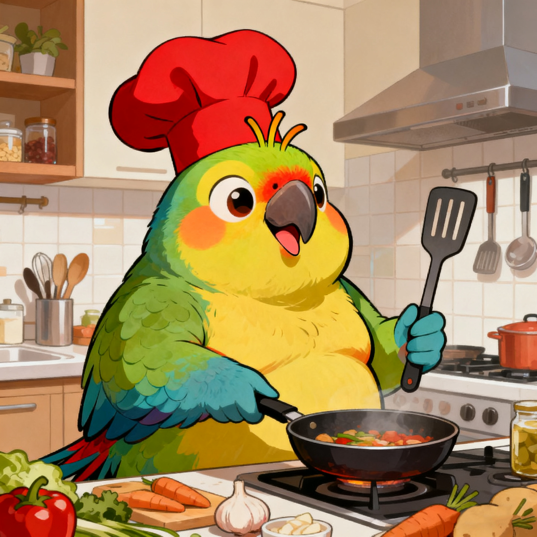 Fat Bird Is Cooking Delicious Food