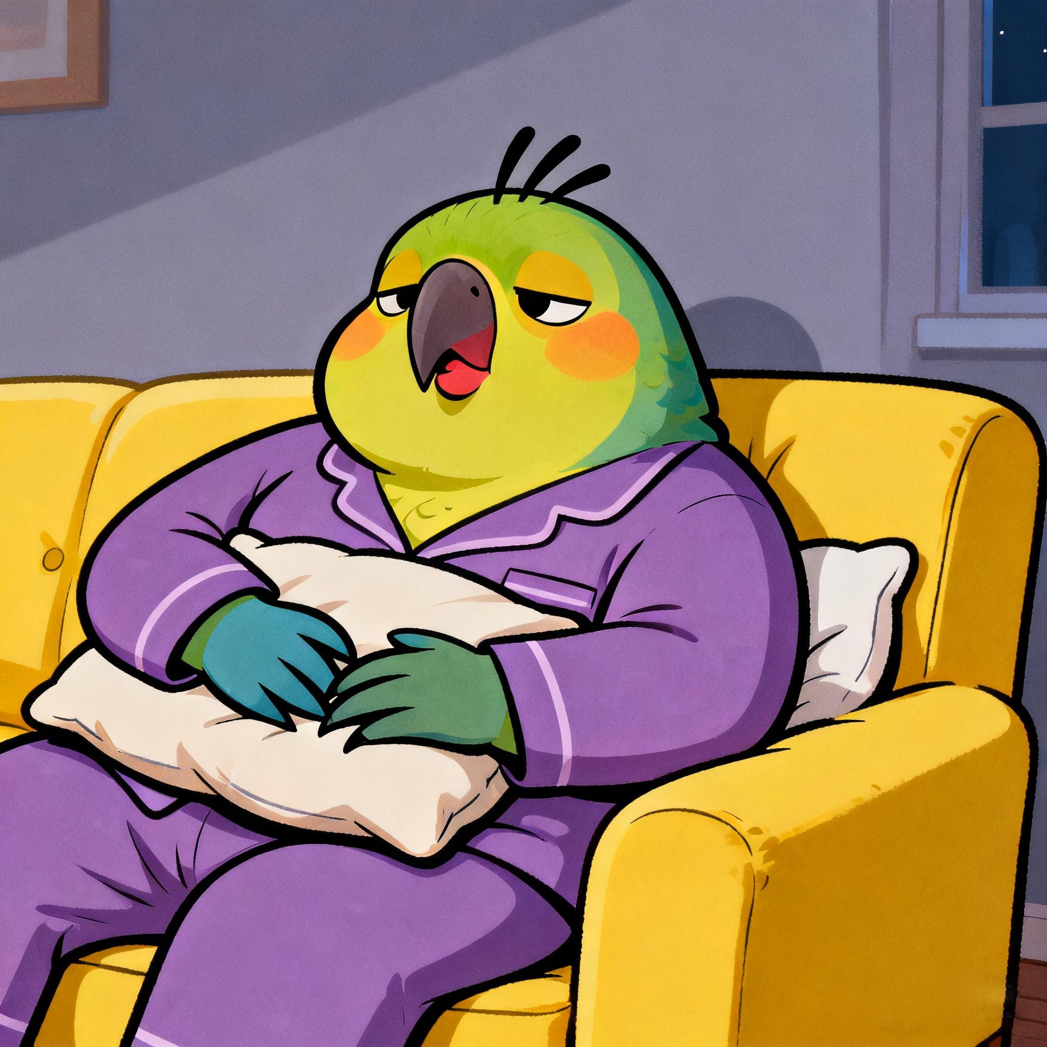 Fat Bird Resting On The Sofa