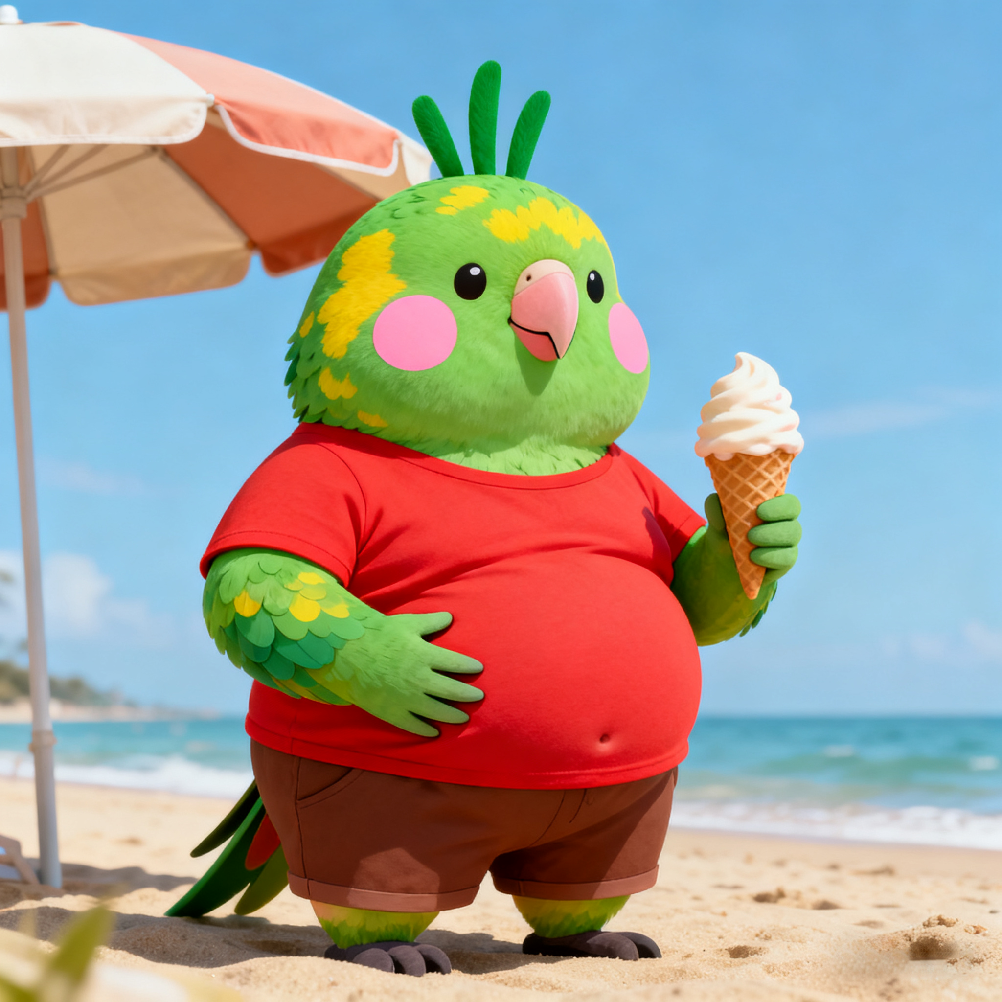 The Beautiful Female Parrot Eating Ice Cream By The Beach