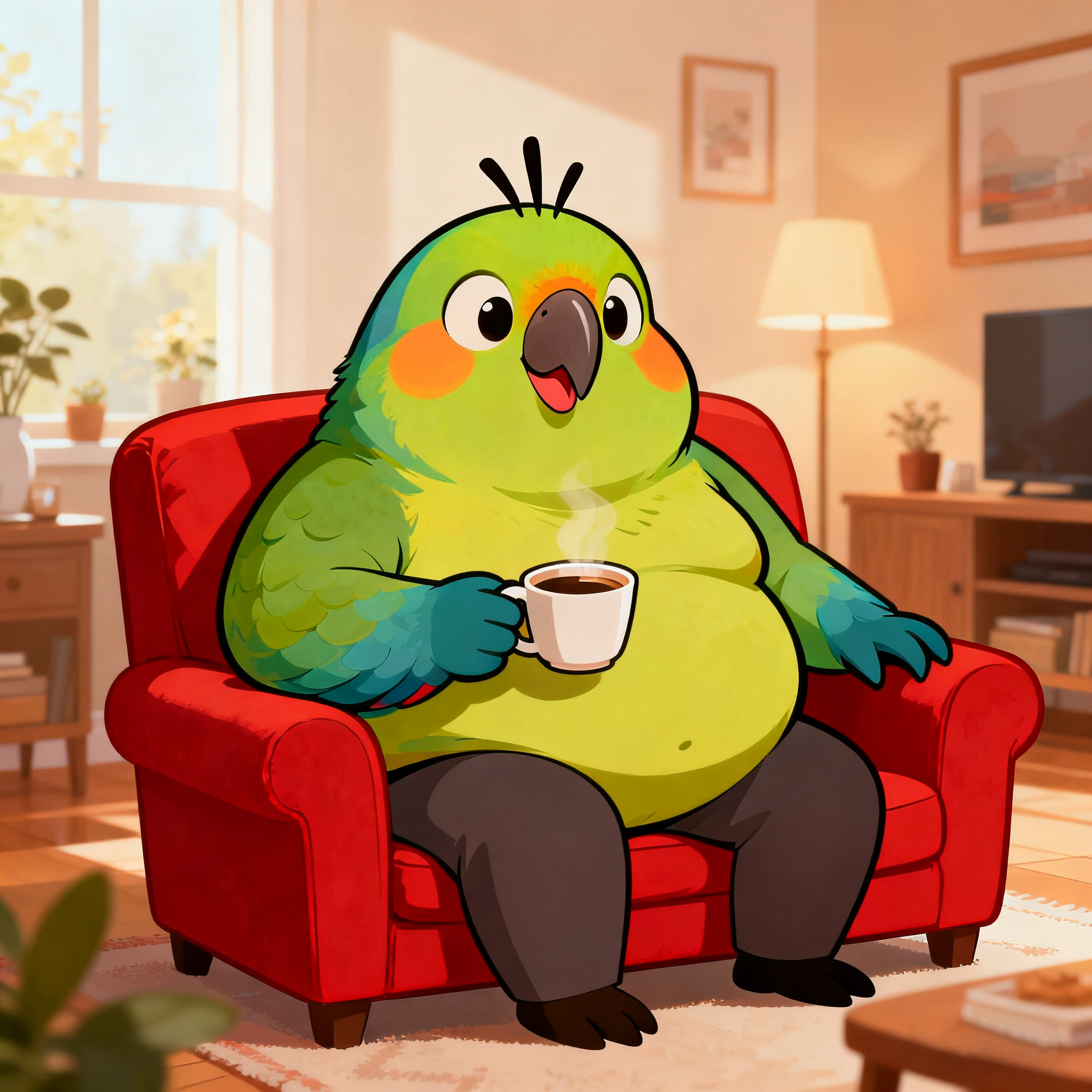 The Green Bird Drinking Coffee