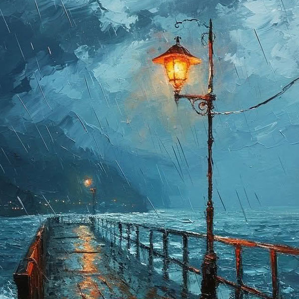 Seaside Street Lights On A Rainy Night