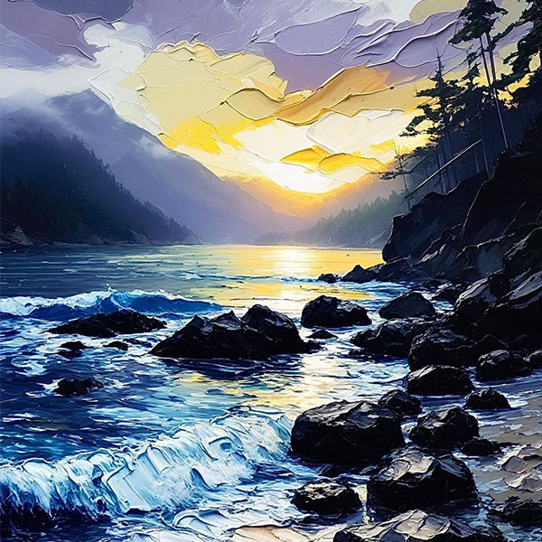 Coast Sunset, Mountains And Rivers