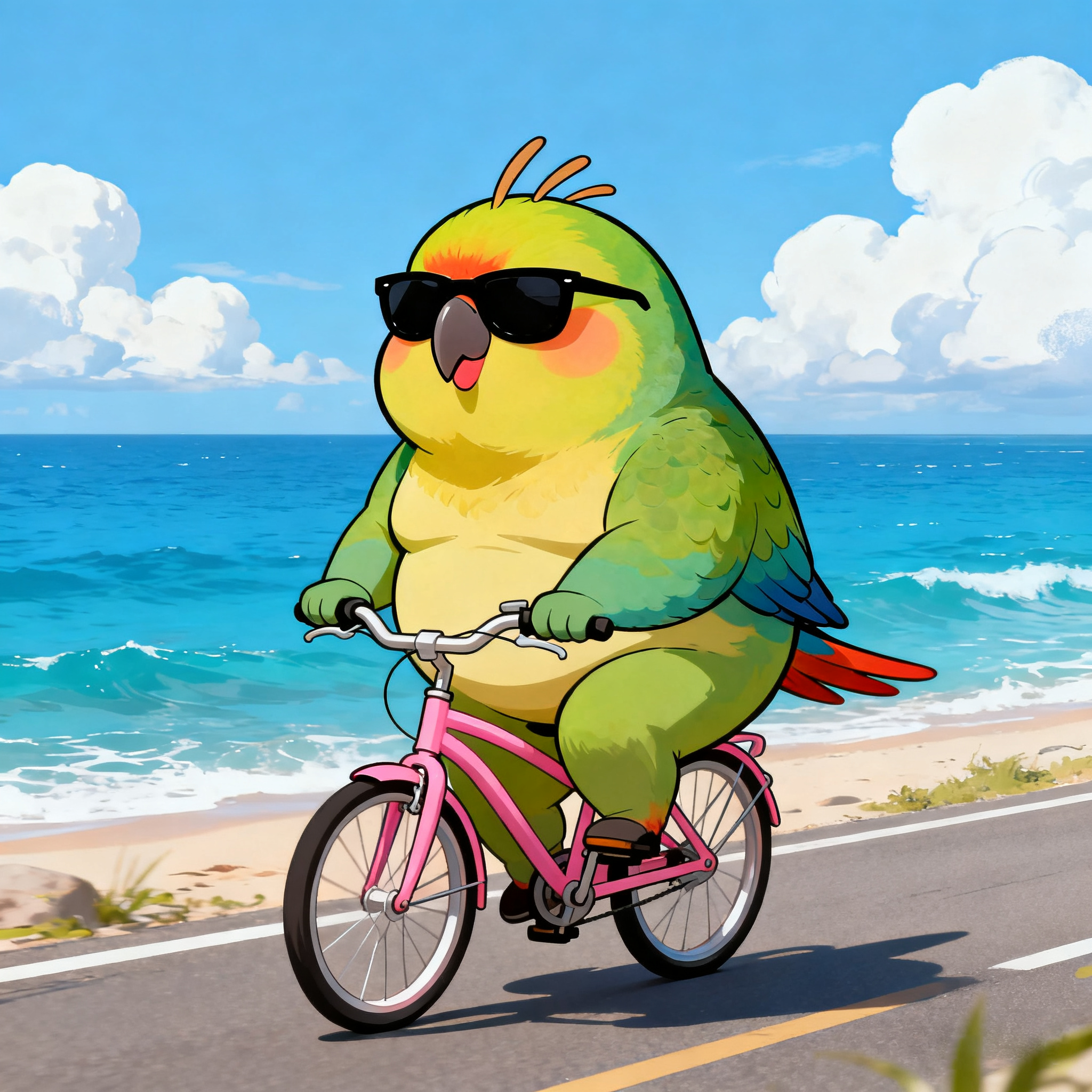 Fat Bird Is Cycling By The Seaside