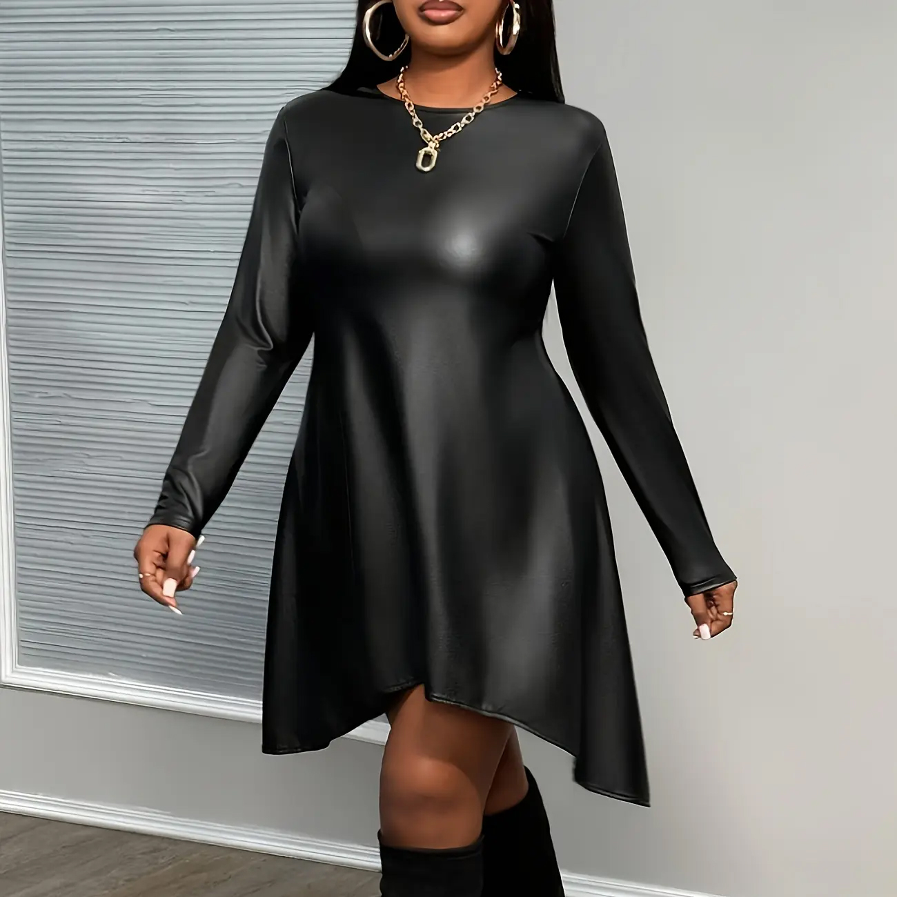 Asymmetrical Hem Long Sleeve Round Neck PULeather Women's Casual Dress