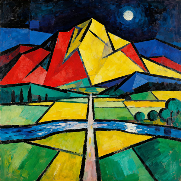 Cubist Moonlit Mountain Scene