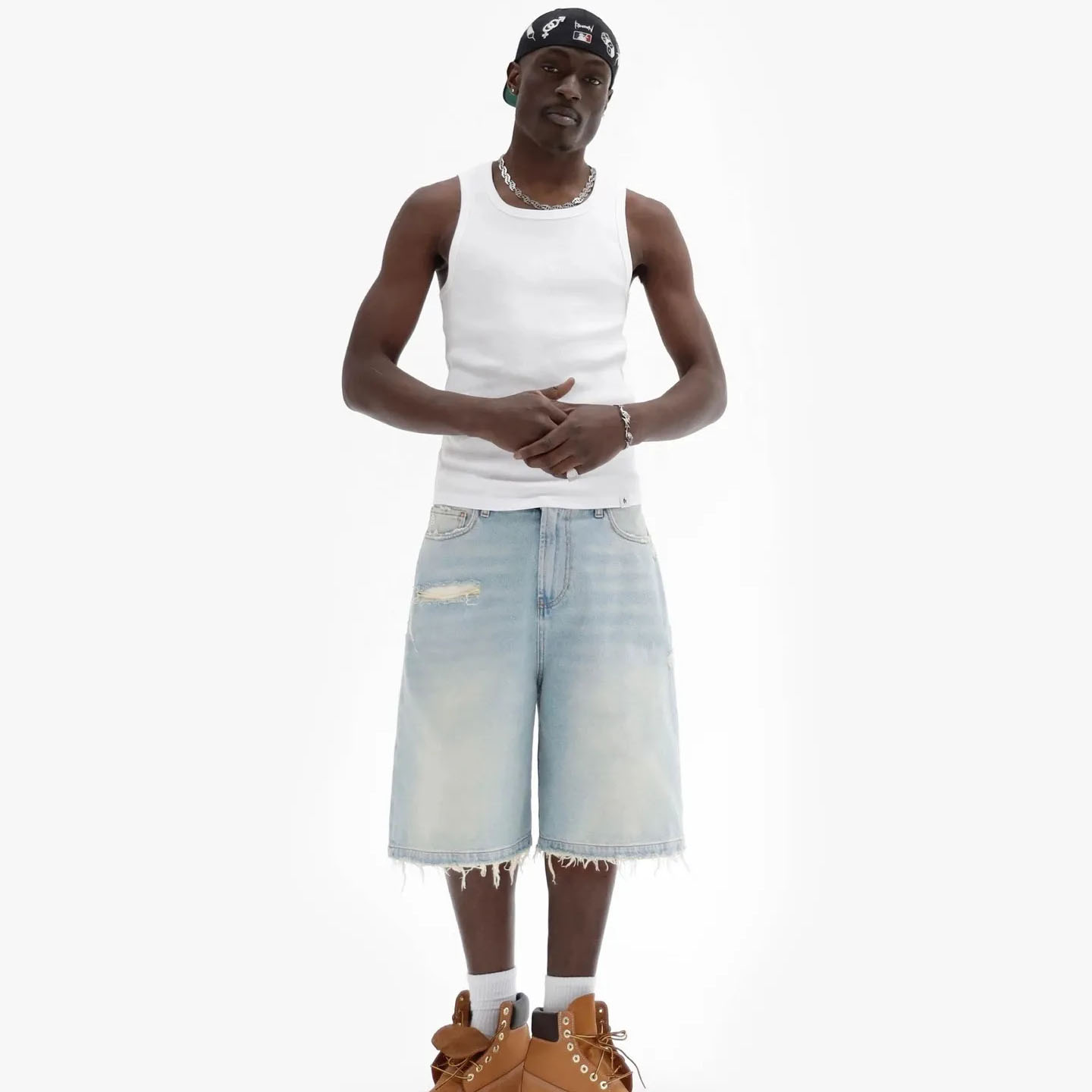 Men Denim Shorts Wash Baggy Work Shorts Vintage Ra...