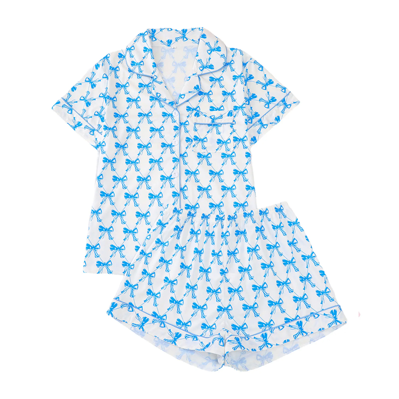 Women's Bow Print Pajama Set Shirt Button-Down Short Sleeve Shirt Shorts Two-Piece Pajama Set