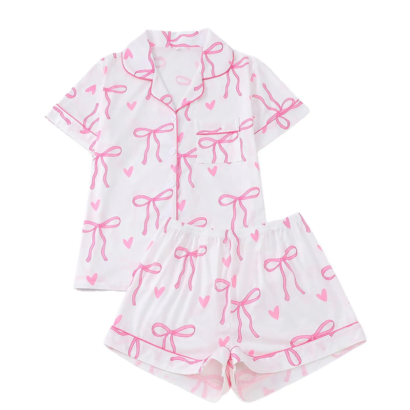 Women's Bow Print Pajama Set Shirt Button-Down Sho...
