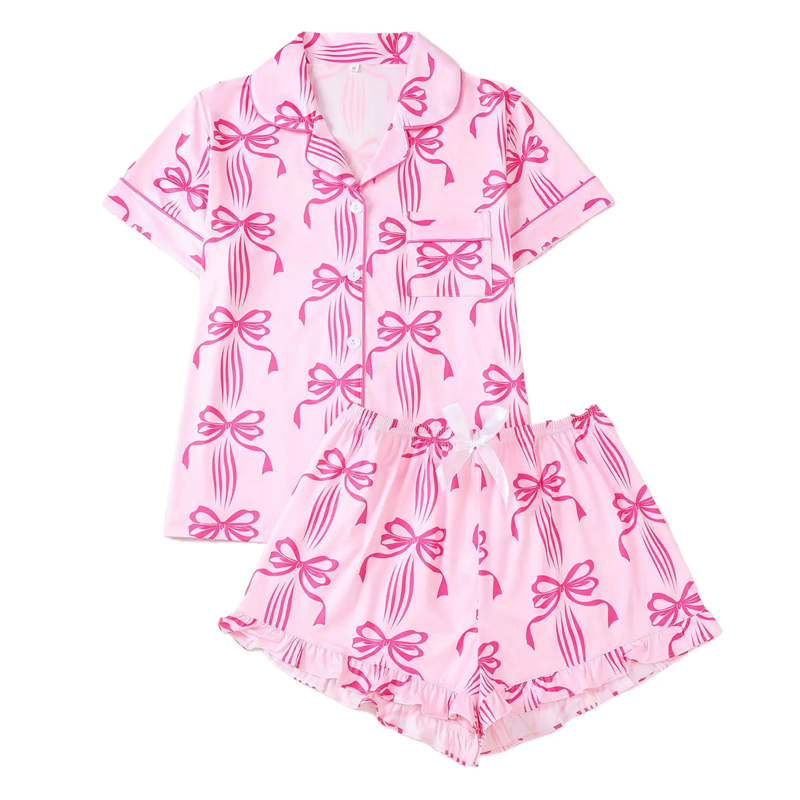 Women's Bow Print Pajama Set Shirt Button-Down Short Sleeve Shirt Shorts Two-Piece Pajama Set