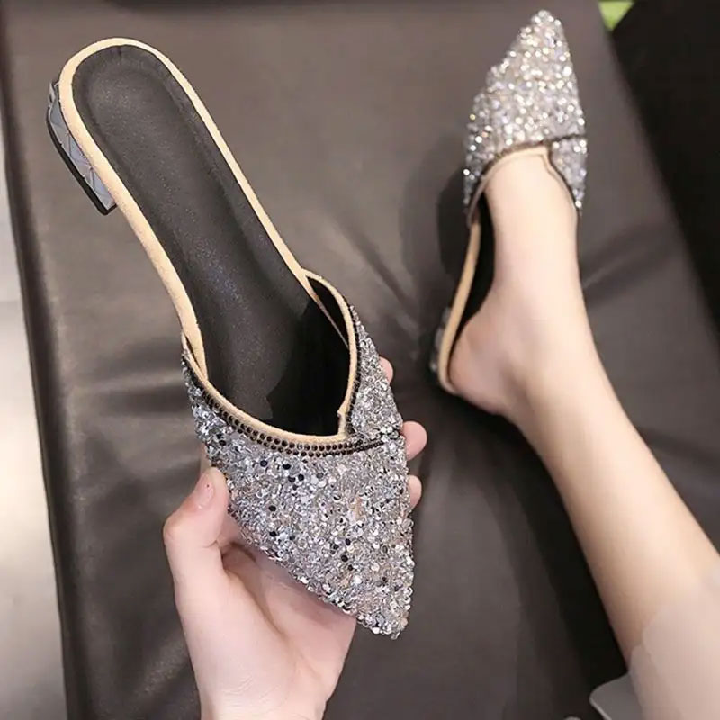 Rhenstone Crystals Mules Slides Woman Slippers Low Heel
