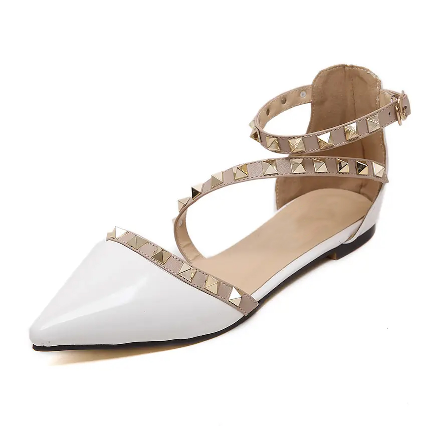 Women's Hollowed-Out Studded Patent Leather Pointed-Toe Flat Shoes With Ankle Strap Buckle