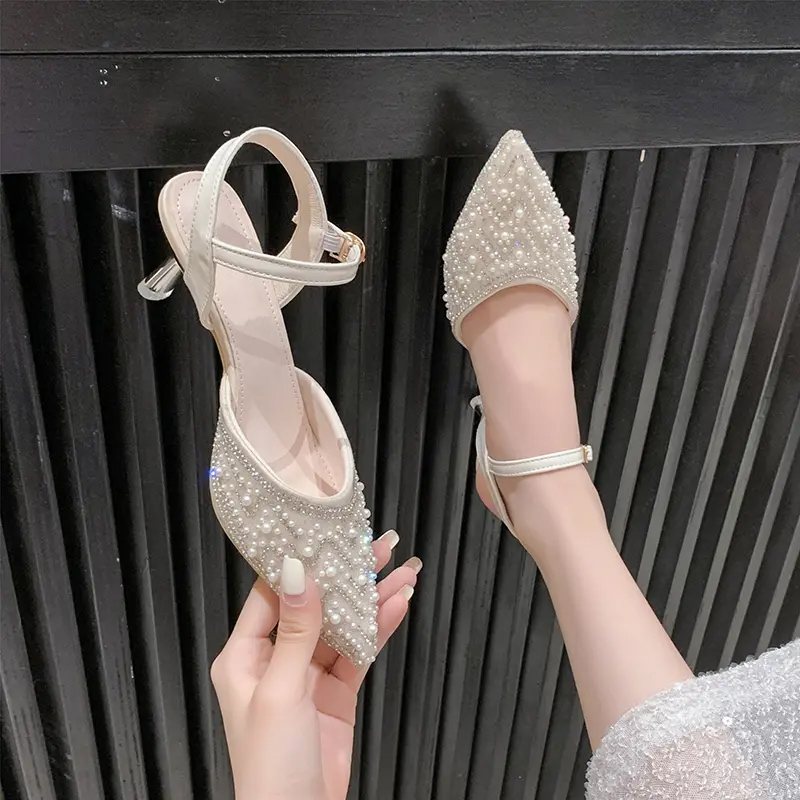 Stylish Crystal Sandals With Pointed Toe, Pearl Sequins, And Non-Slip Design