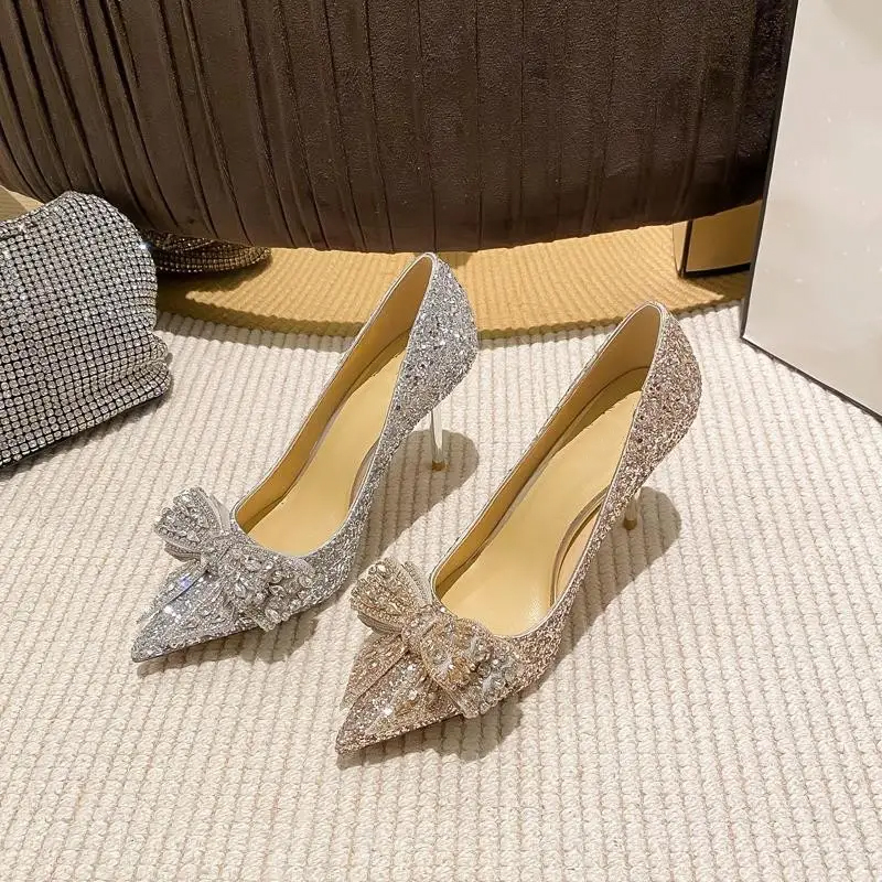 Pointed-Toe Sequined Rhinestone Butterfly Women's High Heels Party Wedding Shoes