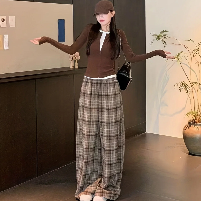 Retro Stretch Plaid Curved Trousers, Loose Casual Wide-Leg Fashion Pants